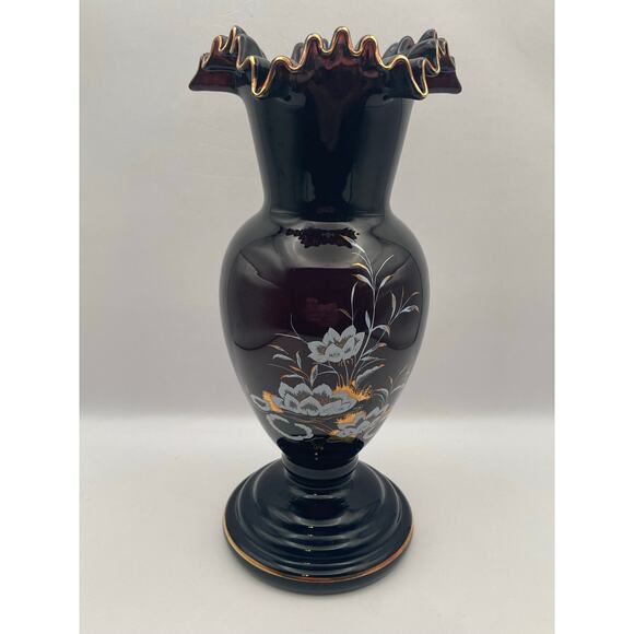 VTG Crystalex Deep Amethyst Bohemian Czech Crystal Vase Painted Flowers 8.5" Tal - Picture 4 of 11